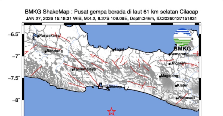 Gempa M4 2 Guncang Cilacap Jawa Tengah  Episenter di Laut