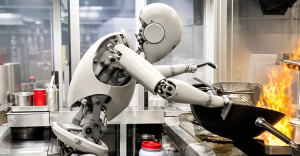 Chef Robot Sibuk Masak Di Restoran